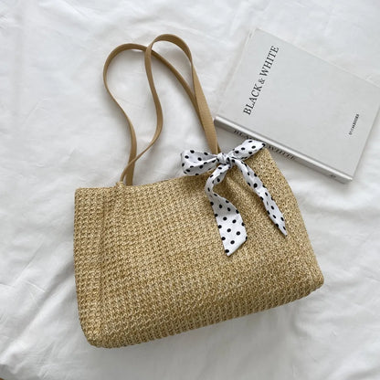 Straw Woven Leather Strap Handbag - Premium Handbags from Trendsi - Just $24.99! Shop now at Handbags Specialist Headquarter