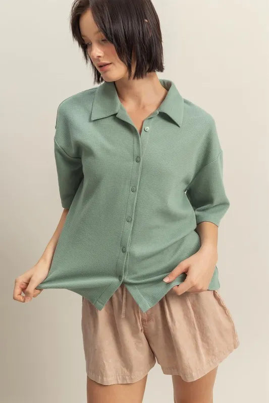 HYFVE Collared Neck Button Down Waffle Shirt - Premium Women's Down Shirt Tops from Trendsi - Just $35.56! Shop now at Handbags Specialist Headquarter