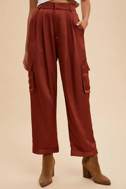 Annie Wear Wide Leg Cargo Satin Pants - Premium Bottoms from Trendsi - Just $50.86! Shop now at Handbags Specialist Headquarter