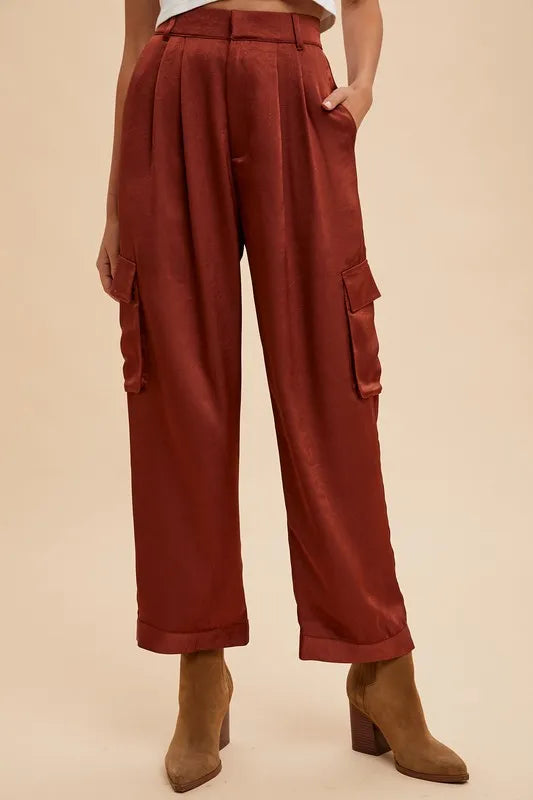 Annie Wear Wide Leg Cargo Satin Pants - Premium Bottoms from Trendsi - Just $50.86! Shop now at Handbags Specialist Headquarter
