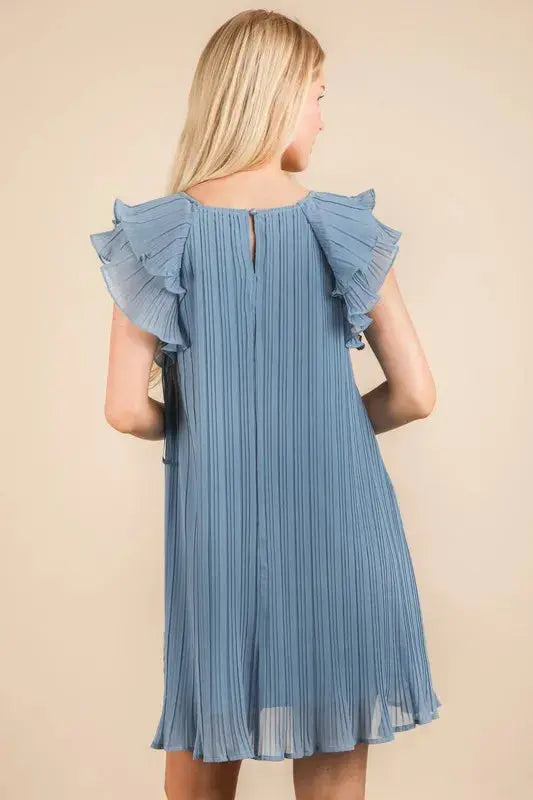 VERY J Plus Size Ruffle Sleeve Pleated Woven Mini Dress.