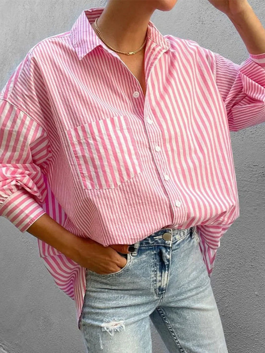 Striped Button Down Long Sleeve Shirt - Premium Women's Down Shirt Tops from Trendsi - Just $26.26! Shop now at Handbags Specialist Headquarter