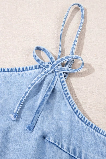 Bow Detail Spaghetti Straps Ruffle Hem Denim Dress - Premium Women / Jeans & Denim from Trendsi - Just $46.38! Shop now at Handbags Specialist Headquarter
