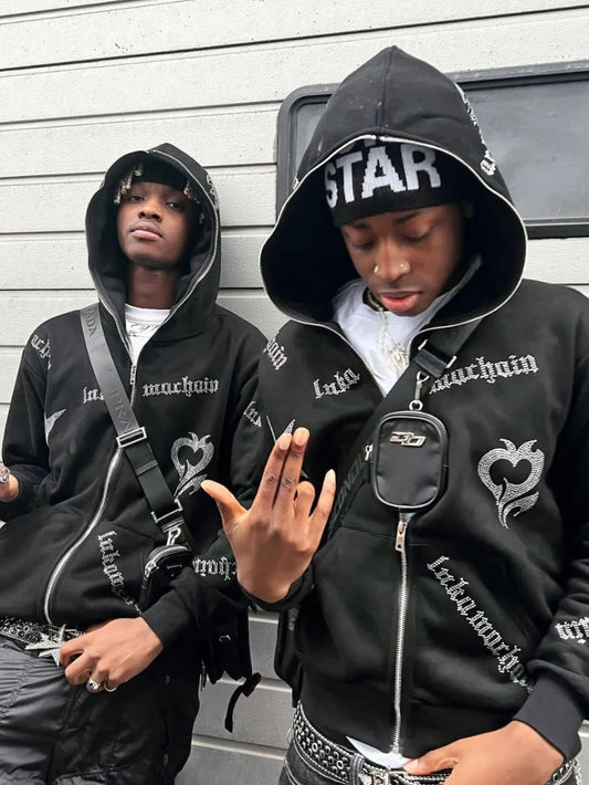 Men's Zip Up Rhinestone Hoodie with Pockets - Premium Men's Sweatshirts from Trendsi - Just $35.58! Shop now at Handbags Specialist Headquarter