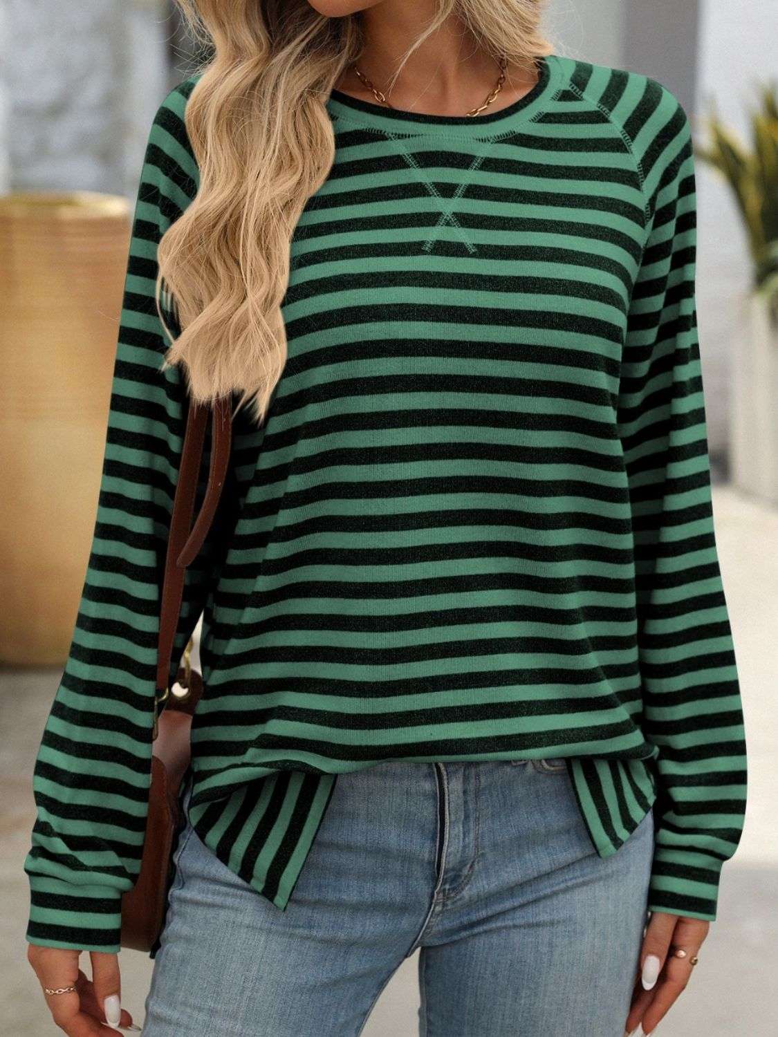 Mandy Striped Round Neck Long Sleeve T-Shirt - Premium Women / Tops from Trendsi - Just $24.72! Shop now at Handbags Specialist Headquarter