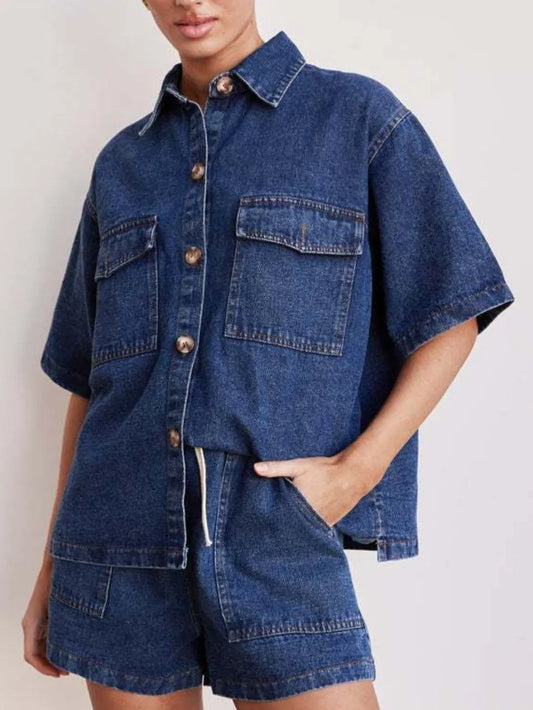 Button Up Half Sleeve Denim Shirt - Premium Women / Jeans & Denim from Trendsi - Just $34.56! Shop now at Handbags Specialist Headquarter