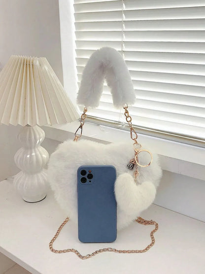 Heart Shape Faux Fur Handbag - Premium handbags from Trendsi - Just $19.99! Shop now at Handbags Specialist Headquarter