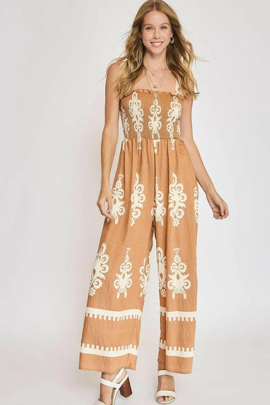 Umgee Full Size Smocked Printed Wide Leg Jumpsuit Plus Size.