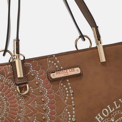 Nicole Lee USA Metallic Stitching Embroidery Inlaid Rhinestone Tote Bag - Premium Tote Bag from Trendsi - Just $64.99! Shop now at Handbags Specialist Headquarter