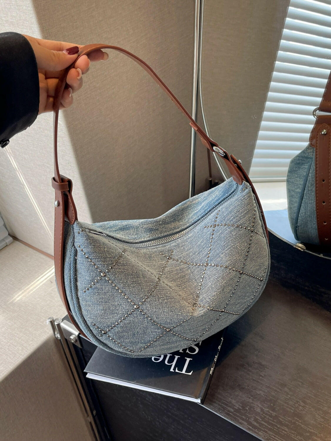 Rhinestone Denim Shoulder Bag.