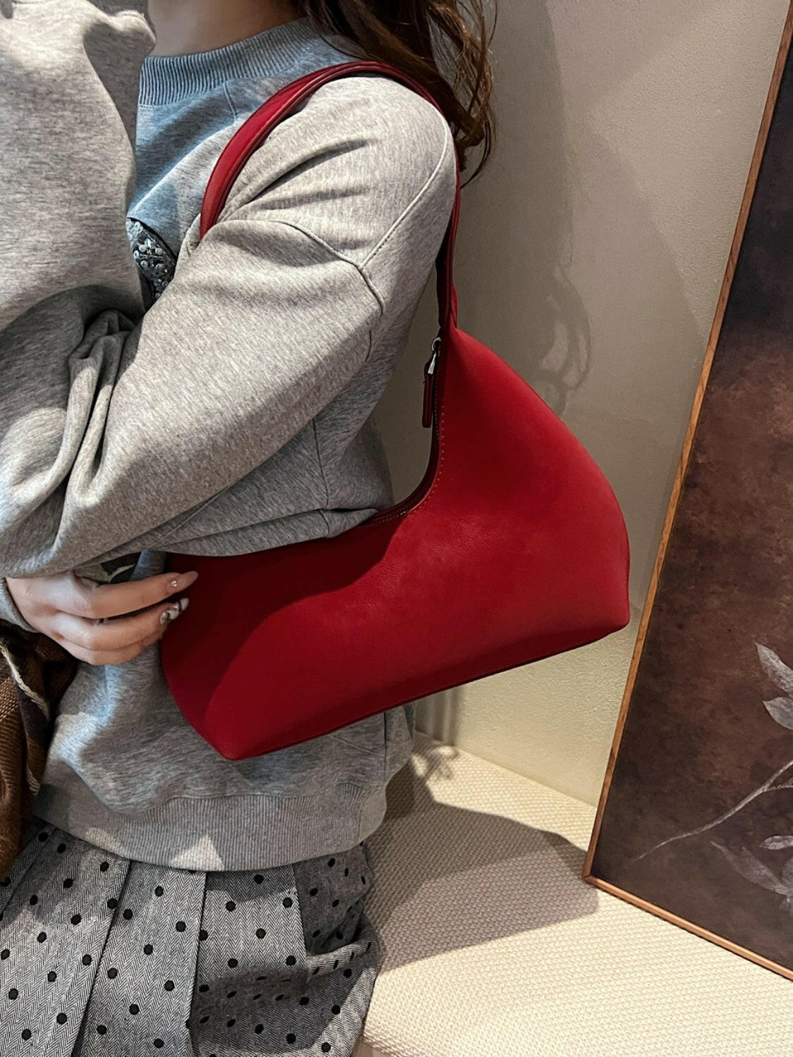 Suede Shoulder Bag with Zip.