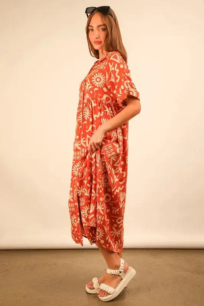 VERY J Plus Size Oversized Printed Shirt Midi Dress.