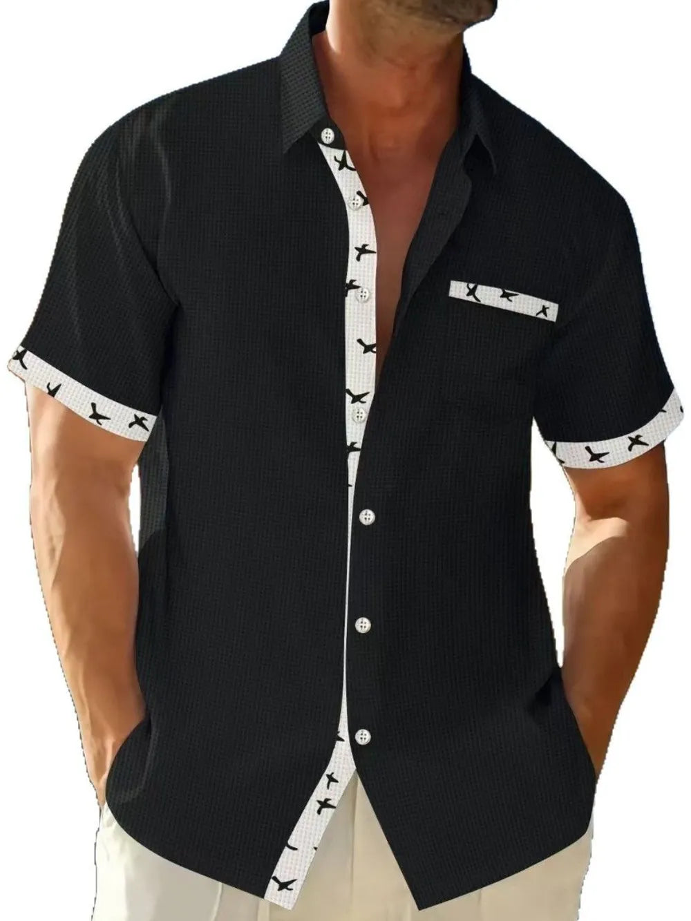 Men's Full Size Contrast Trim Waffle Knit Short Sleeve Shirt Plus Size - Premium Men's Shirts from Trendsi - Just $34.50! Shop now at Handbags Specialist Headquarter