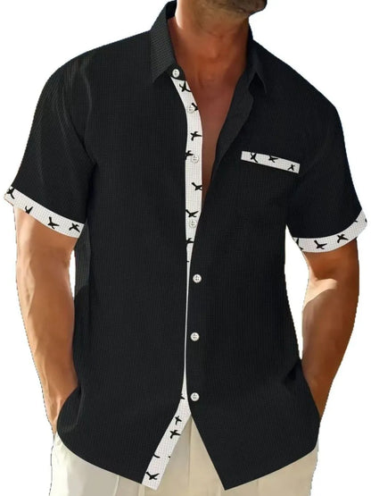 Men's Full Size Contrast Trim Waffle Knit Short Sleeve Shirt Plus Size - Premium Men's Shirts from Trendsi - Just $34.50! Shop now at Handbags Specialist Headquarter