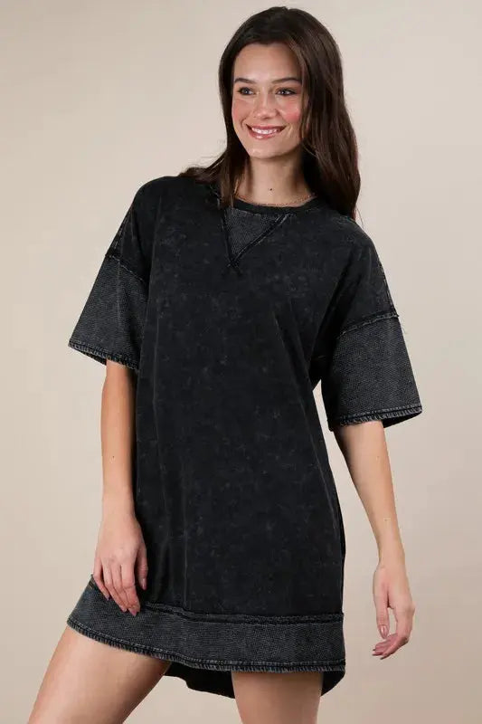 VERY J Plus Size Mineral Washed Comfy Casual Knit Mini Dress.