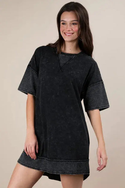 VERY J Plus Size Mineral Washed Comfy Casual Knit Mini Dress.