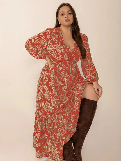 Plus Size Lace Detail Printed Balloon Sleeve Midi Dress.