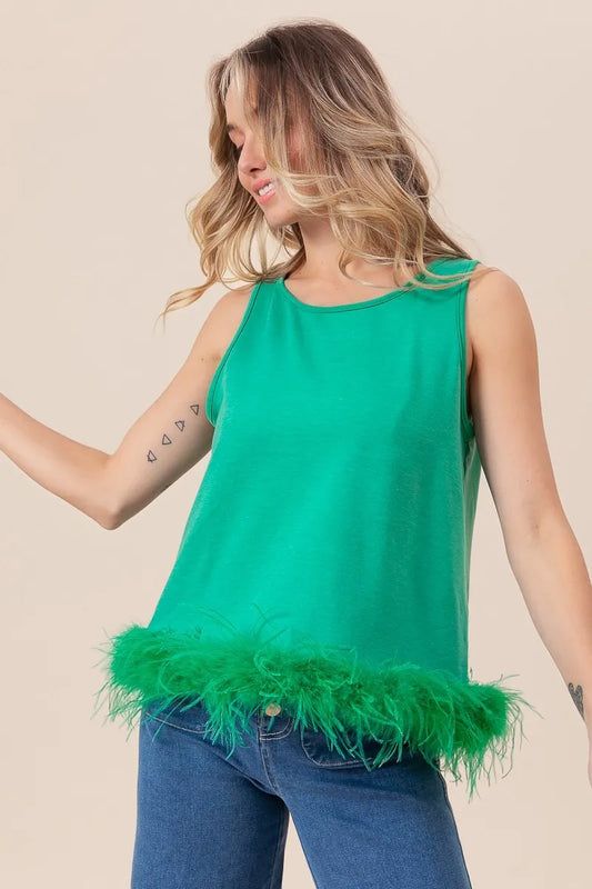 BiBi French Terry Faux Feather Bottom Back Tied Top - Premium Bottoms from Trendsi - Just $42.18! Shop now at Handbags Specialist Headquarter