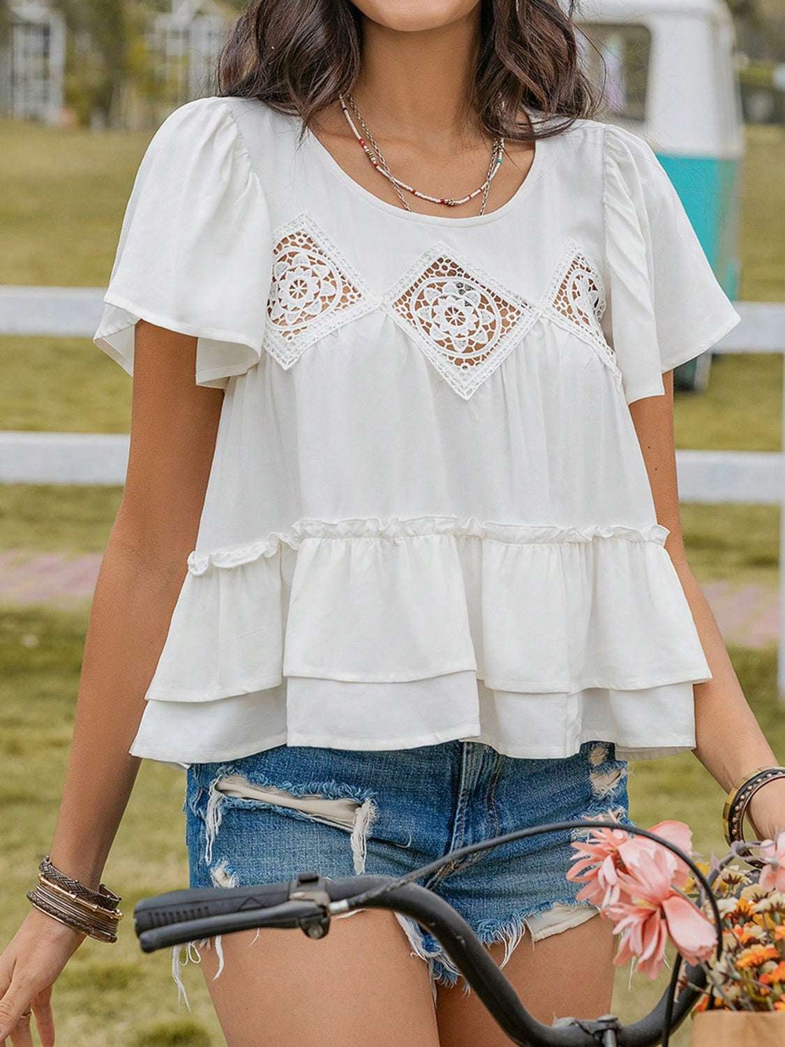 Layered Round Neck Flutter Sleeve Blouse - Premium Women / Tops from Trendsi - Just $29.28! Shop now at Handbags Specialist Headquarter