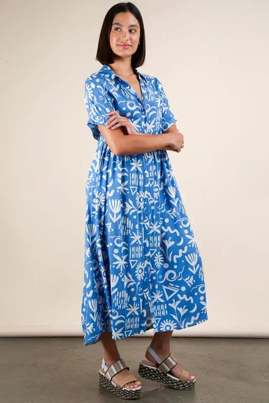 VERY J Plus Size Oversized Printed Shirt Midi Dress.
