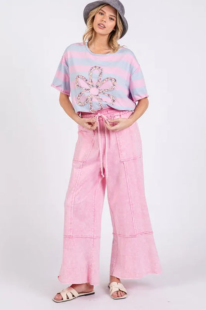 SAGE + FIG Mineral Washed Terry Wide Leg Pants - Premium Bottoms from Trendsi - Just $51.22! Shop now at Handbags Specialist Headquarter
