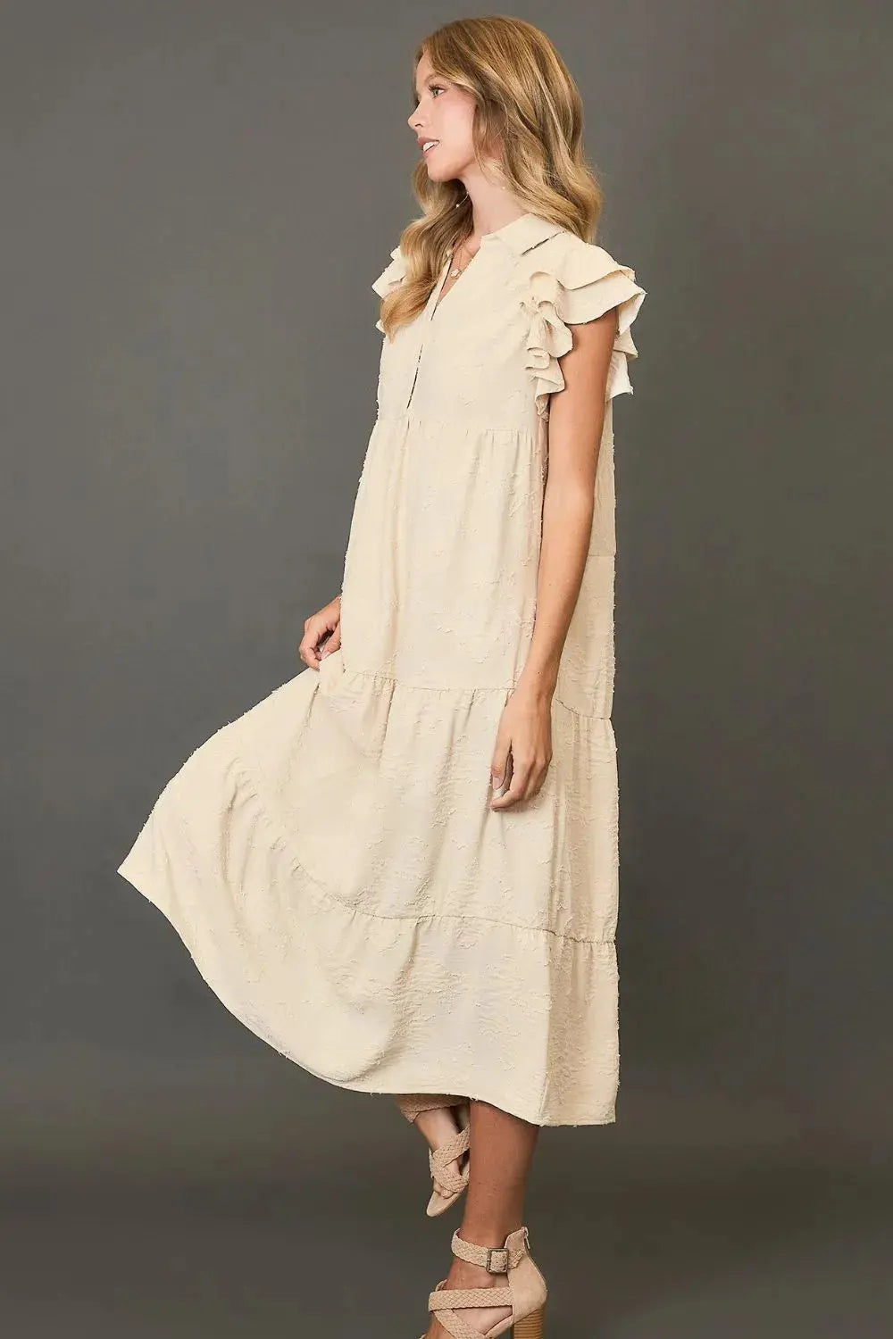 Umgee Full Size Tiered Floral Burnout Ruffle Sleeve Midi Dress Plus Size.
