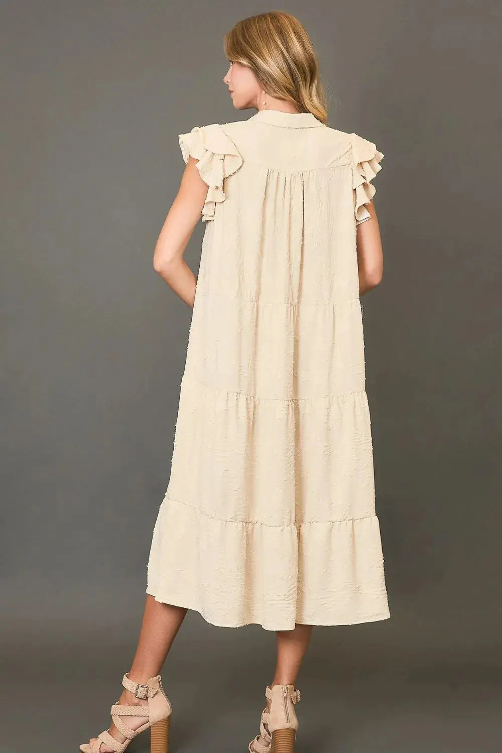Umgee Full Size Tiered Floral Burnout Ruffle Sleeve Midi Dress Plus Size.