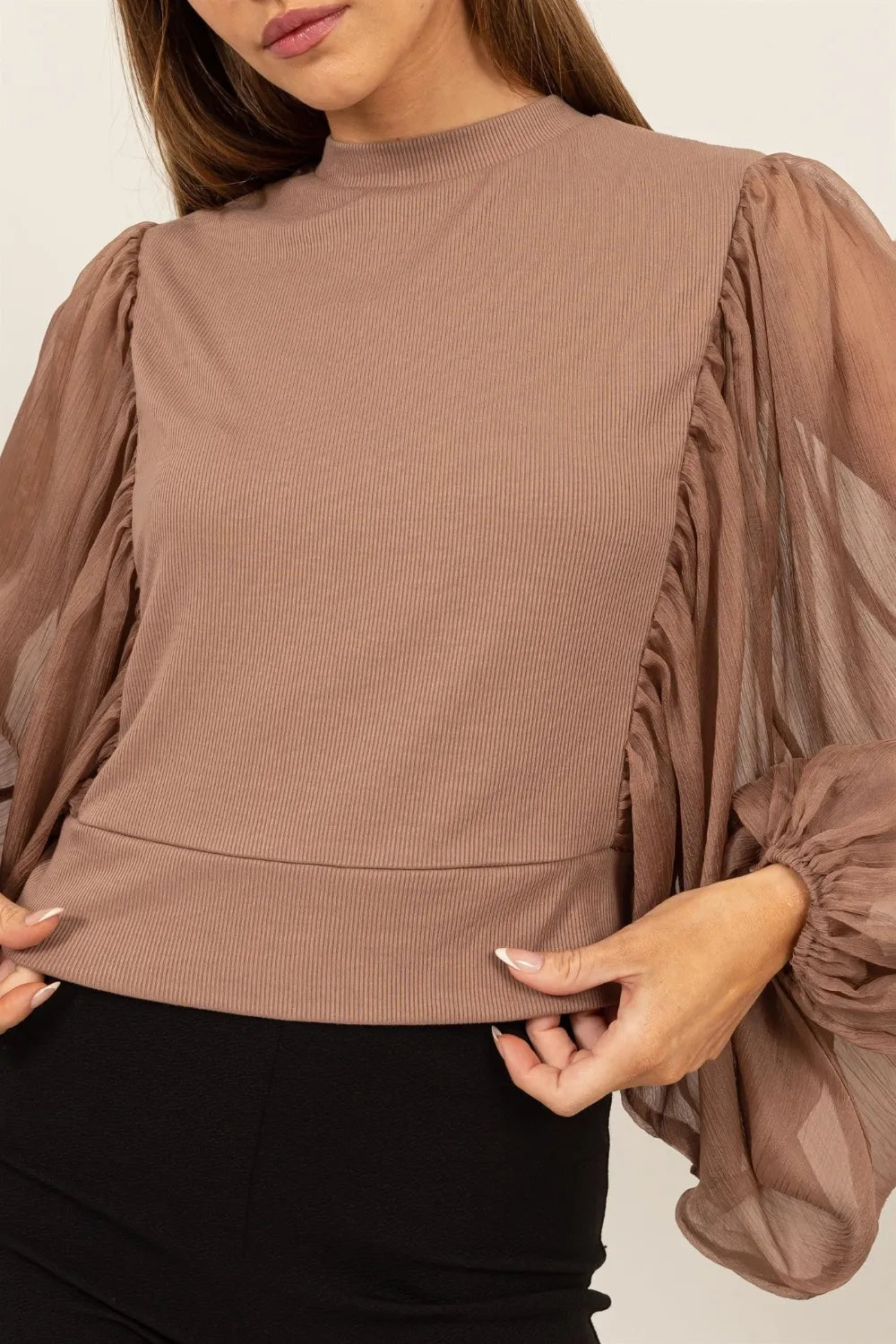 HYFVE Ruched Sheer Long Sleeve Mock Neck Blouse - Premium Women / Jeans & Denim from Trendsi - Just $35.92! Shop now at Handbags Specialist Headquarter