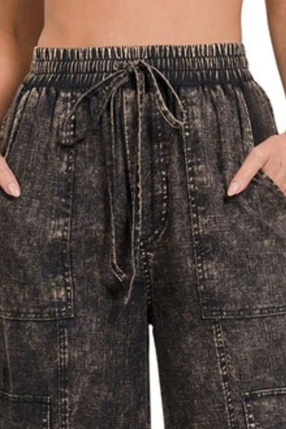 Zenana Washed Linen Elastic Band Waist Cargo Pants - Premium Women Pants from Trendsi - Just $42.99! Shop now at Handbags Specialist Headquarter