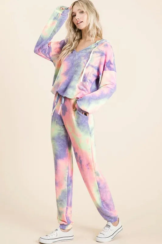 BiBi Tie Dye French Terry Top and Bottom Set - Premium  from Trendsi - Just $28.99! Shop now at Handbags Specialist Headquarter