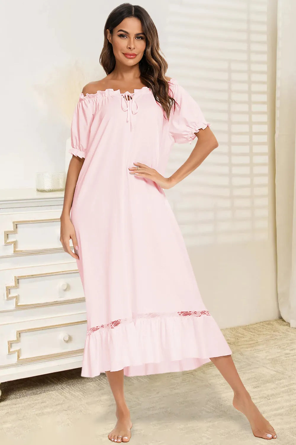 Lace Detail Short Sleeve Lounge Dress - Premium Sleepwear from Trendsi - Just $29! Shop now at Handbags Specialist Headquarter