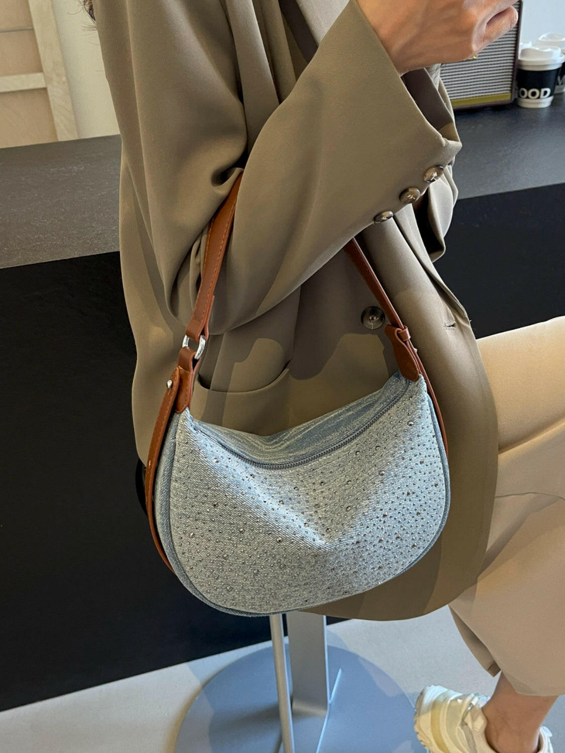 Rhinestone Denim Shoulder Bag.