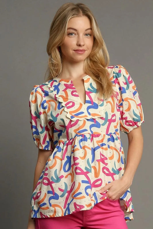 Umgee Full Size Mixed Print Puff Sleeve Babydoll Blouse Plus Size - Premium Dresses from Trendsi - Just $51.99! Shop now at Handbags Specialist Headquarter