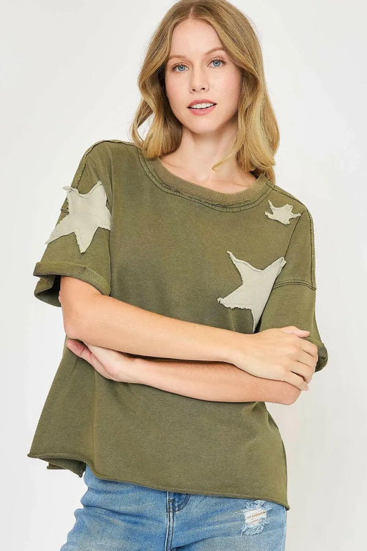 Umgee Full Size Star Patched Mineral Washed French Terry Top Plus Size.