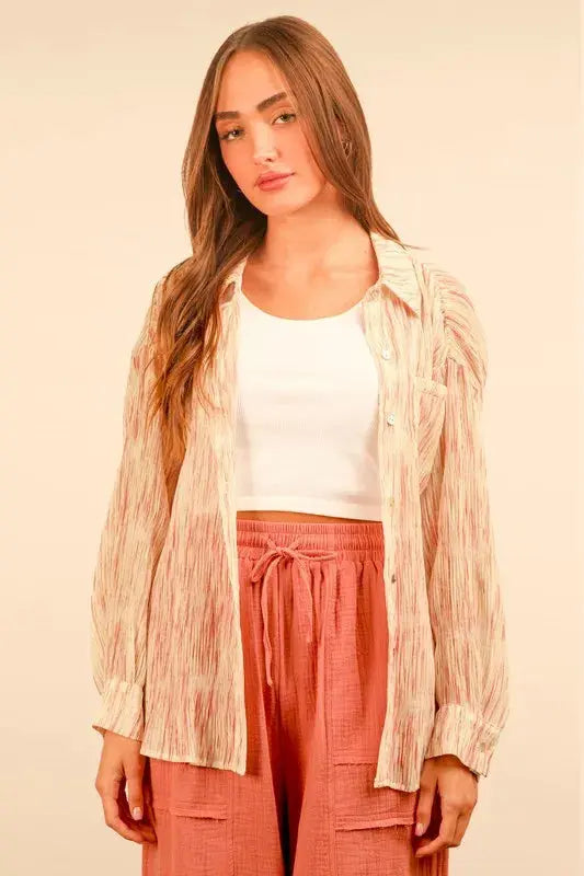 VERY J Plus Size Oversized Printed Button Up Shirt.