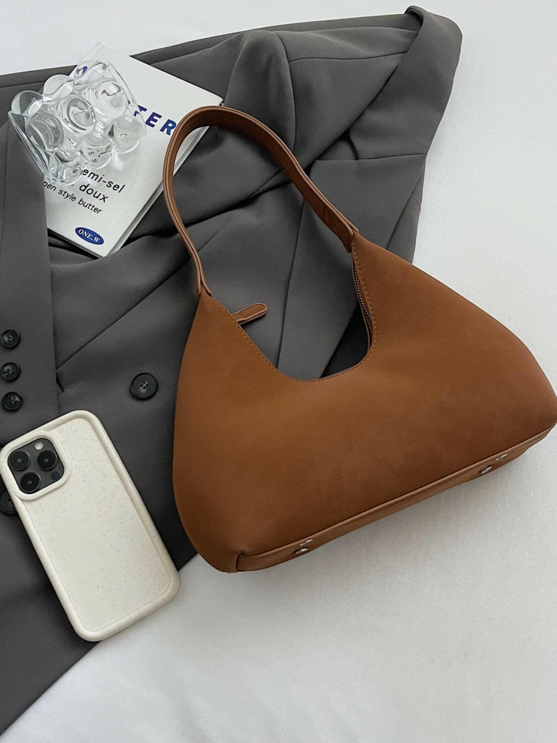 Suede Shoulder Bag with Zip.