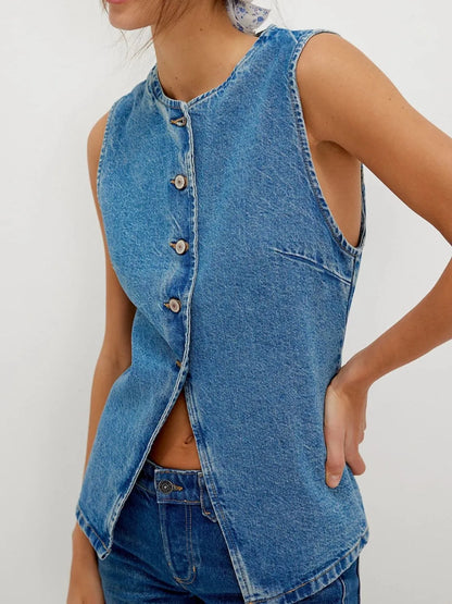 Button Down Round Neck Denim Vest - Premium Women / Jeans & Denim from Trendsi - Just $33.80! Shop now at Handbags Specialist Headquarter