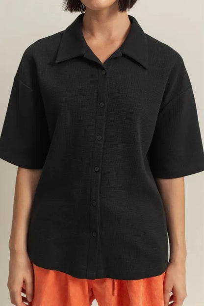 HYFVE Collared Neck Button Down Waffle Shirt - Premium Women's Down Shirt Tops from Trendsi - Just $35.56! Shop now at Handbags Specialist Headquarter