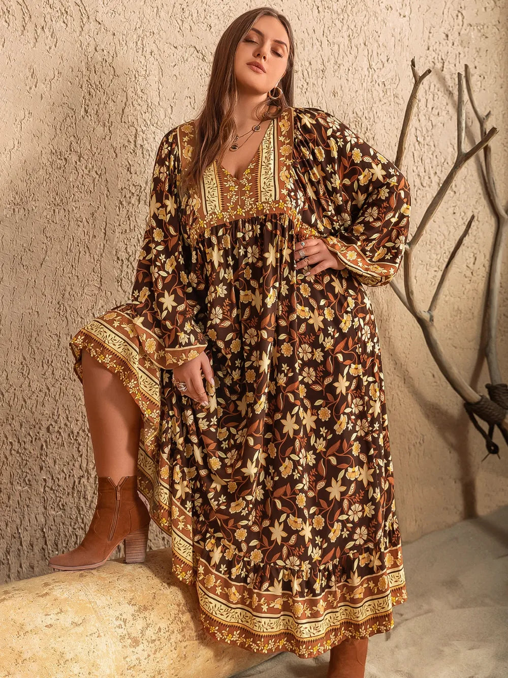 Plus Size Printed V-Neck Balloon Sleeve Dress - Premium Dresses from Trendsi - Just $49.99! Shop now at Handbags Specialist Headquarter