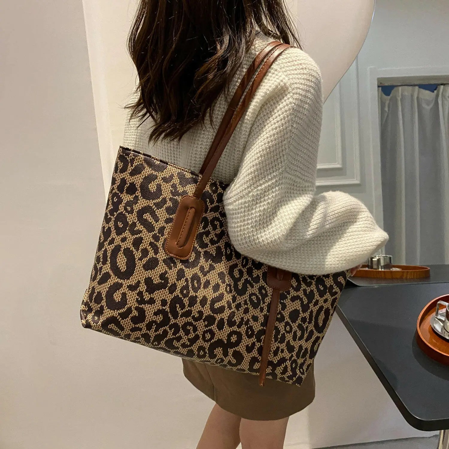 PU Leather Leopard Tote Bag.