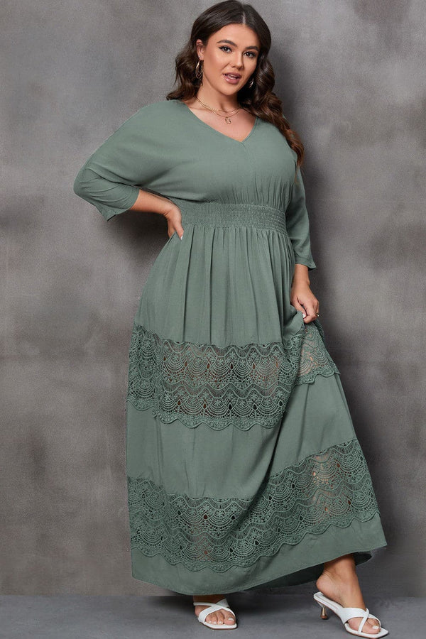 Plus Size Tied V-Neck Smocked Crochet Maxi Dress - Premium Dresses from Trendsi - Just $50! Shop now at Handbags Specialist Headquarter