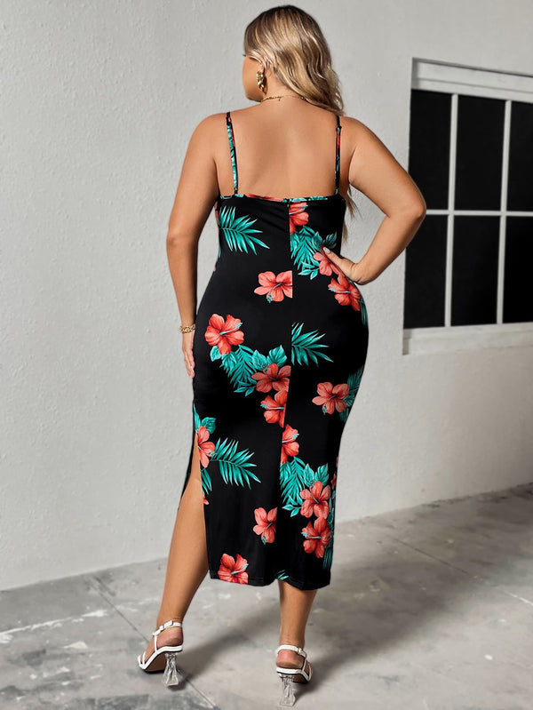 Plus Size Floral Spaghetti Strap Ruffled Slit Dress - Premium Dresses from Trendsi - Just $27! Shop now at Handbags Specialist Headquarter