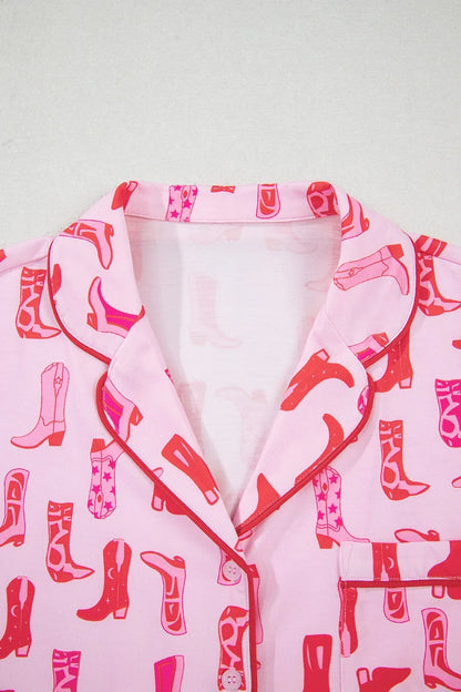 Cowgirl Boots Printed Shirt and Shorts Set - Premium Sleepwear from Trendsi - Just $60.99! Shop now at Handbags Specialist Headquarter