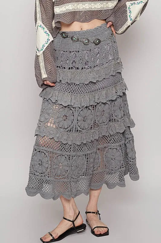 POL Crochet Lace Ruffled Midi Skirt - Premium Bottoms from Trendsi - Just $64.24! Shop now at Handbags Specialist Headquarter