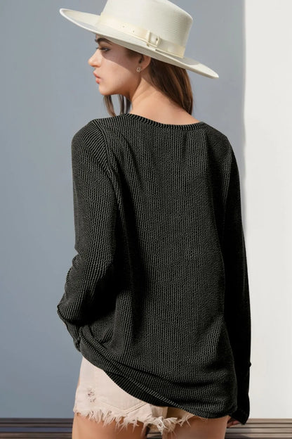 Double Take Full Size Notched Thumbhole Long Sleeve T-Shirt - Premium Tops from Trendsi - Just $25.88! Shop now at Handbags Specialist Headquarter