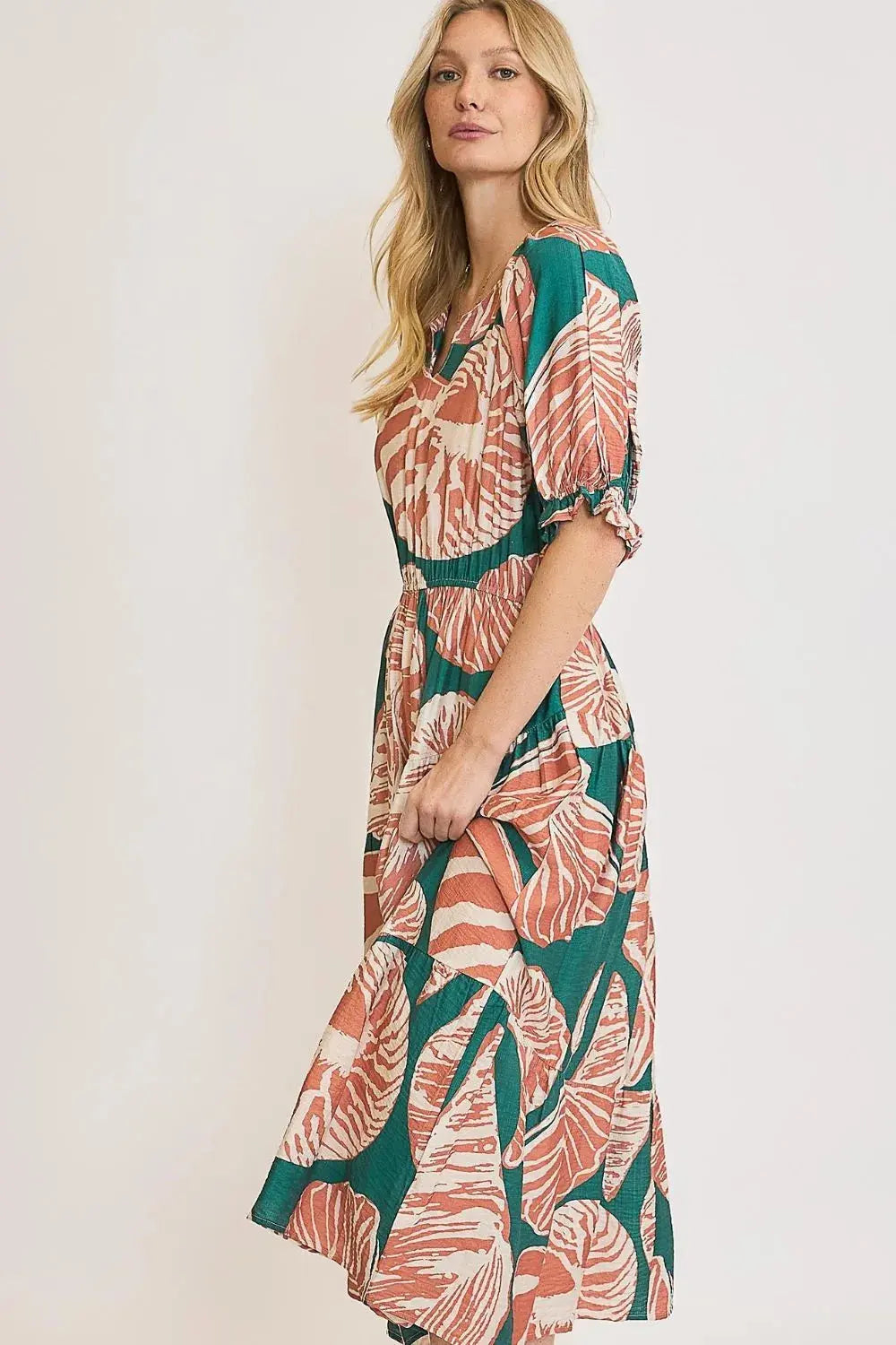 Umgee Full Size Printed Notched Puff Sleeve Midi Dress Plus Size.