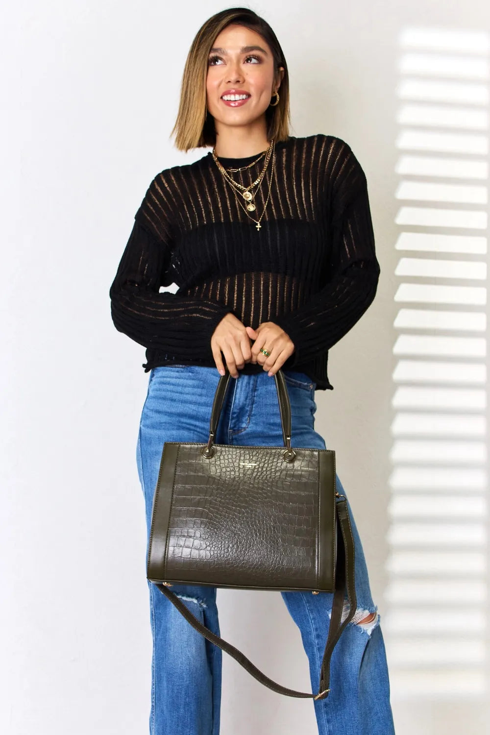 David Jones Texture PU Leather Handbag - Premium Handbags from Trendsi - Just $52.99! Shop now at Handbags Specialist Headquarter