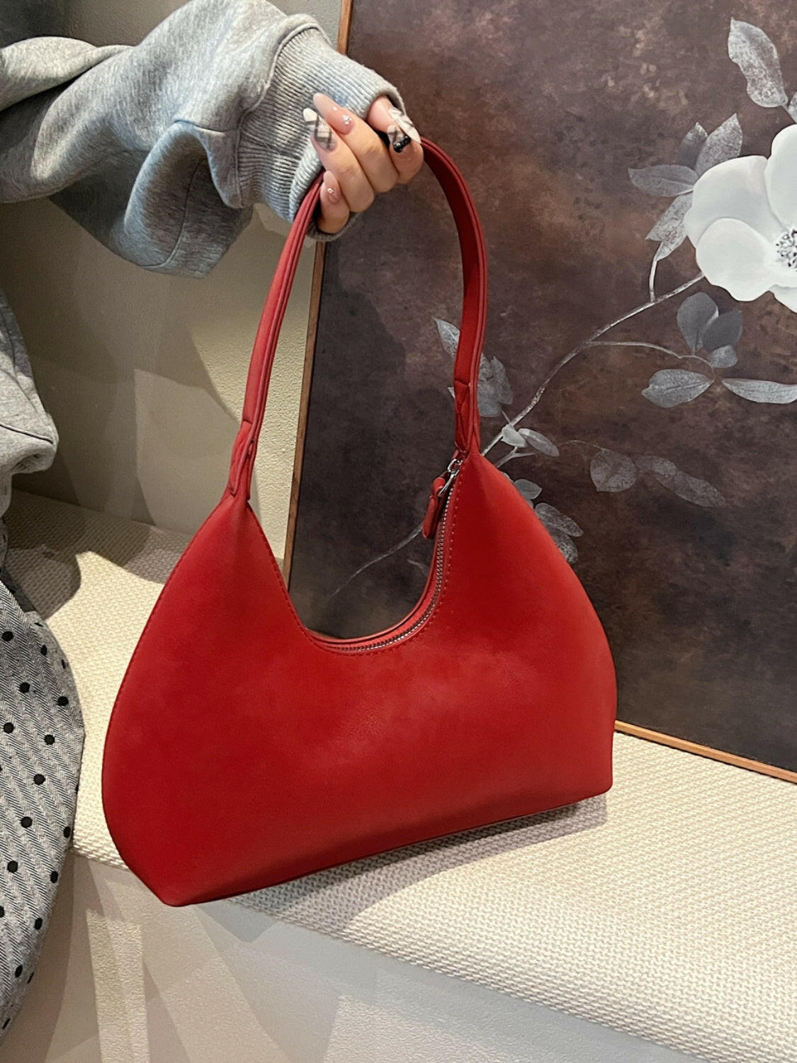 Suede Shoulder Bag with Zip.