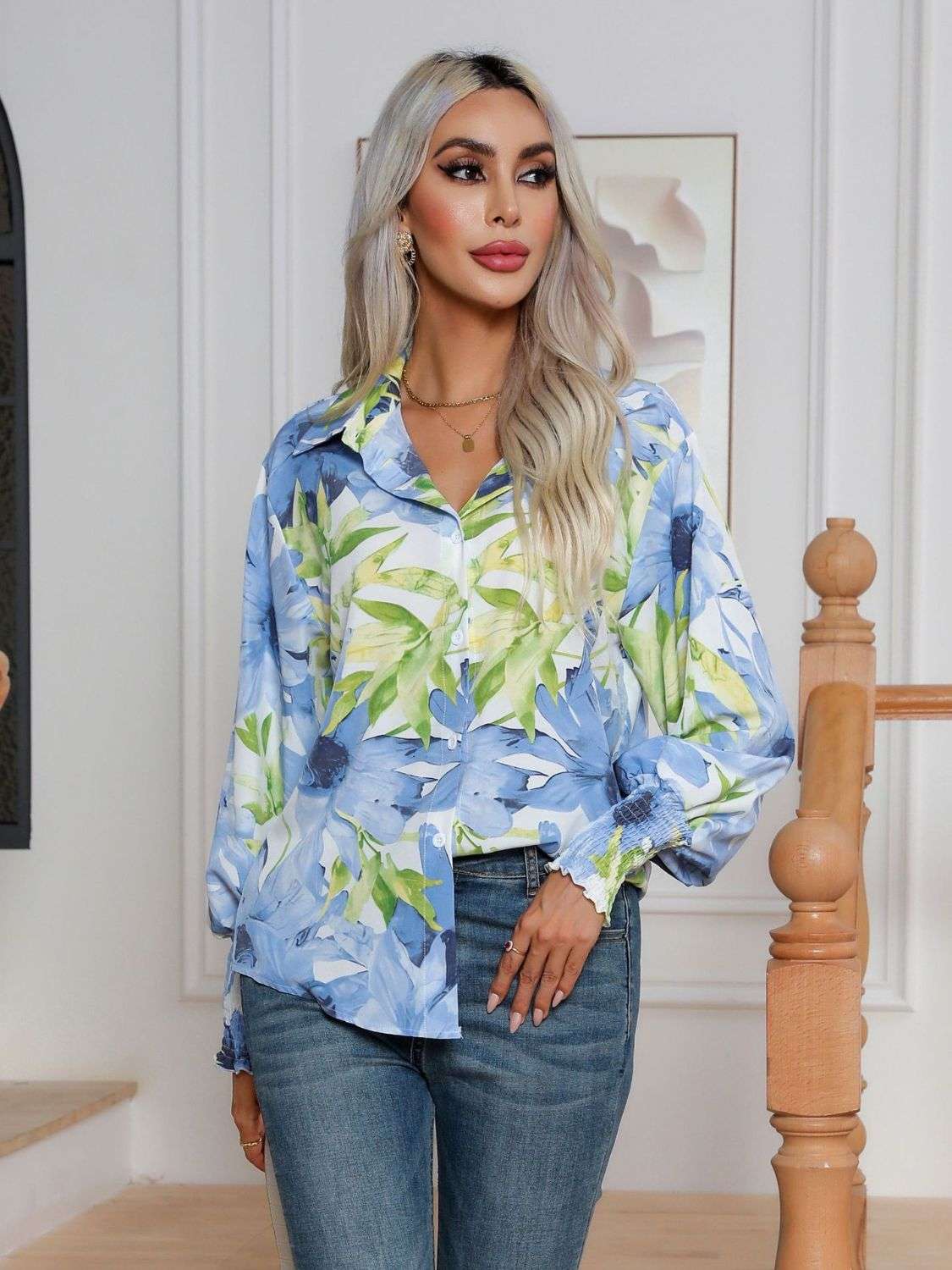 Button Down Printed Long Sleeve Shirt - Premium Women / Tops from Trendsi - Just $21.02! Shop now at Handbags Specialist Headquarter