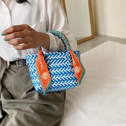 Contrast Woven Handbag with Ribbon - Premium Tote Bag from Trendsi - Just $39.99! Shop now at Handbags Specialist Headquarter